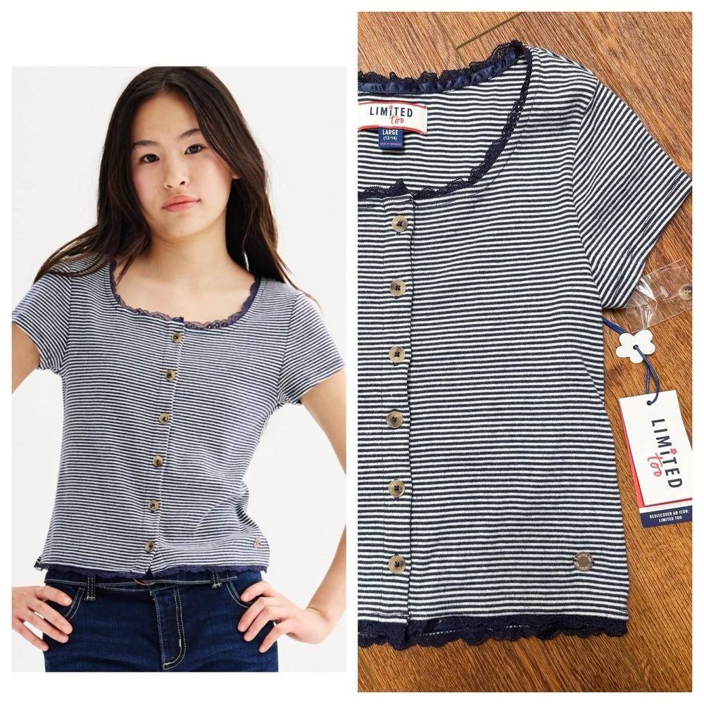 Limited Too Girls Button Front Tee LARGE‎ 12/14 NWT! Navy White Stripe Crop Lace